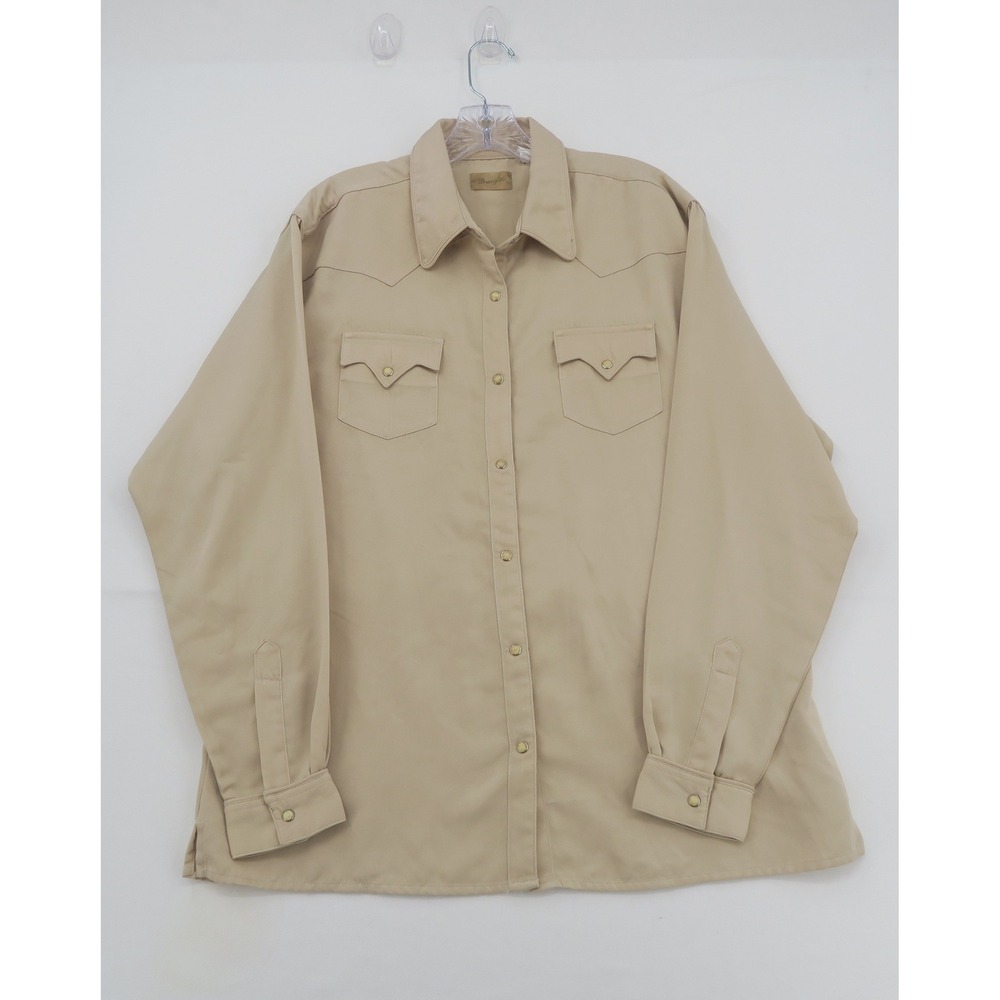 Wrangler Mens XL Western Snap Shirt Tan Beige Long‎ Sleeve Polyester LW45219